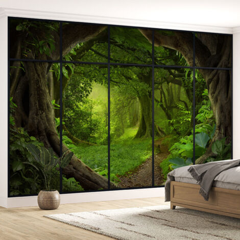 Papier peint panoramique Trompe l'oeil Verrière - Chemin forêt - 130 cm x 82 cm (1/5)