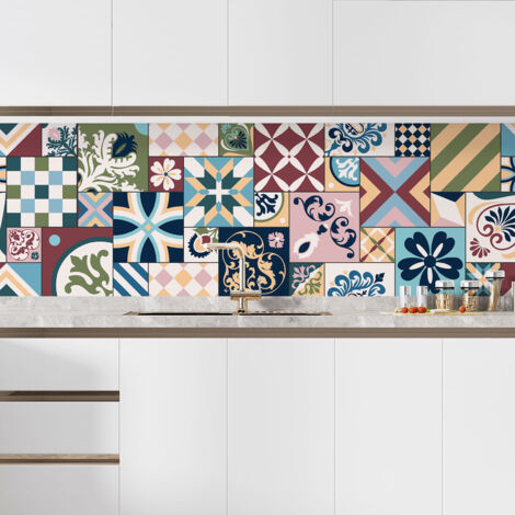Crédence adhésive cuisine - Effet carreaux de ciment - 55x165 cm - Adhésif + Protection MATE (1/5)