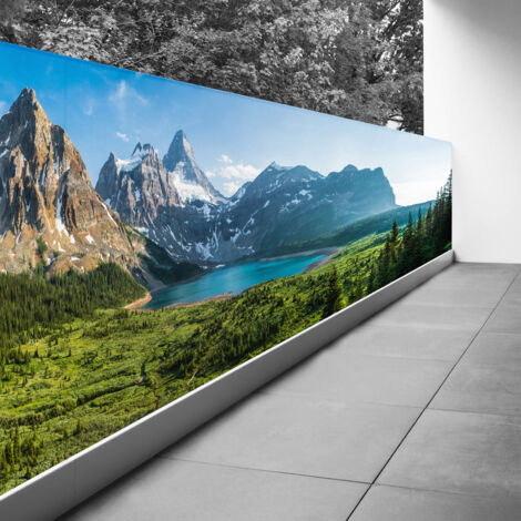 Brise vue Trompe l'oeil - 100x350 cm - Vue lac et montagnes - Recto Imprimé / Verso BlancBâche Micro Perforée - 80% d'occultation (1/3)