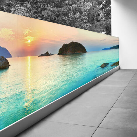 Brise vue Trompe l'oeil - 90x382 cm - Vue mer couché de soleil - Recto Imprimé / Verso BlancBâche Pleine - 100% d'occultation (1/3)