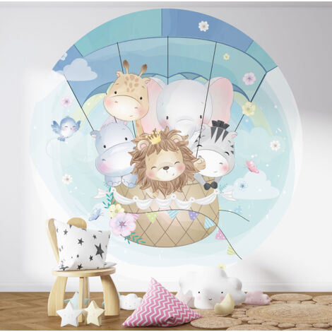 Papier peint rond / cercle Enfants - Montgolfière Animaux - Diamètre 40 cm (1/3)