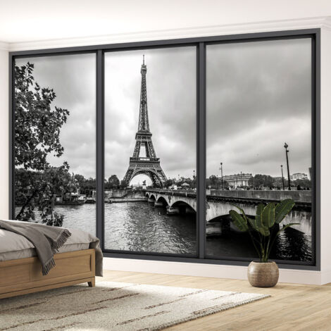 Papier peint panoramique Trompe l'oeil baie vitrée - Paris tour eiffel - 130 cm x 78 cm (1/5)