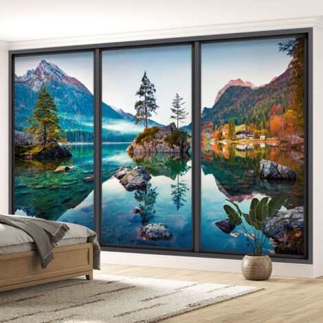Papier peint panoramique Trompe l'oeil baie vitrée - Lac et montagnes - 260 cm x 156 cm (1/5)