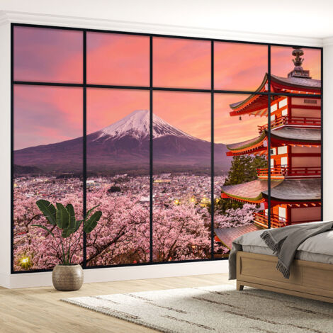 Papier peint panoramique Trompe l'oeil Verrière - Temple japonais vue mont fuji - 130 cm x 82 cm (1/5)