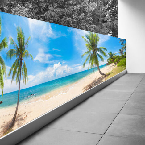 Brise vue Trompe l'oeil - 120x450 cm - Plage mer palmiers - Recto Imprimé / Verso BlancBâche Micro Perforée - 80% d'occultation (1/3)