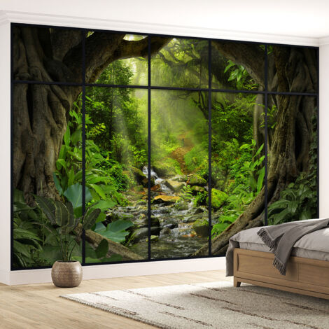 Papier peint panoramique Trompe l'oeil Verrière - Chemin forêt - 130 cm x 82 cm (1/5)
