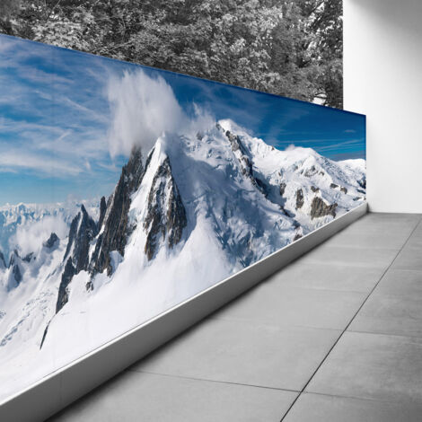Brise vue Trompe l'oeil - 90x405 cm - Montagnes neige - Recto Imprimé / Verso BlancBâche Micro Perforée - 80% d'occultation (1/4)