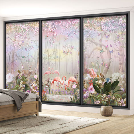 Papier peint panoramique Trompe l'oeil baie vitrée - Flamants roses - 309 - 130 cm x 78 cm (1/5)