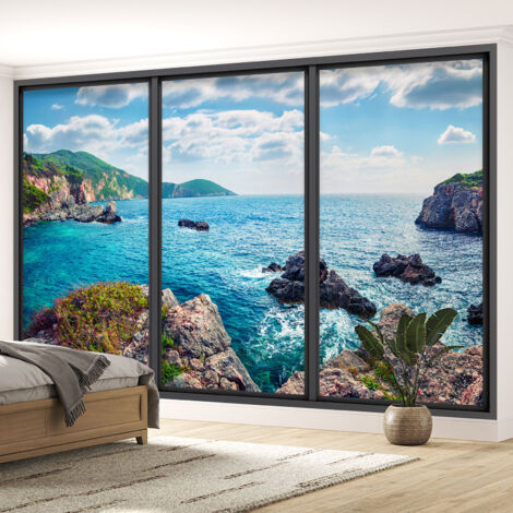 Papier peint panoramique Trompe l'oeil baie vitrée - Vue mer - 130 cm x 78 cm (1/5)