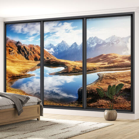 Papier peint panoramique Trompe l'oeil baie vitrée - Lac et montagnes - 130 cm x 78 cm (1/5)