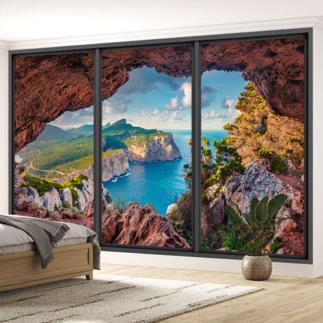 Papier peint panoramique Trompe l'oeil baie vitrée - Grotte vue mer - 130 cm x 78 cm (1/5)