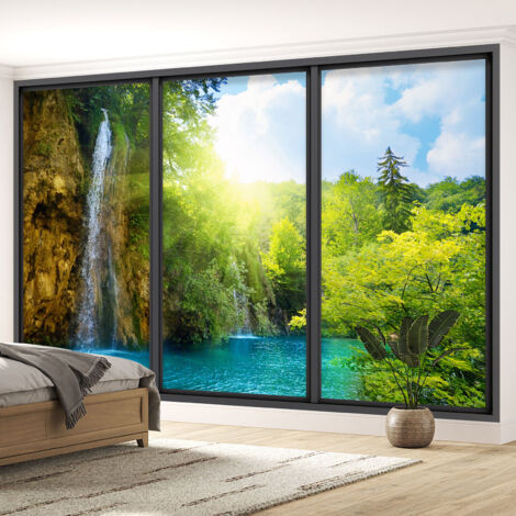 Papier peint panoramique Trompe l'oeil baie vitrée - Cascade - 417 cm x 250 cm (1/5)