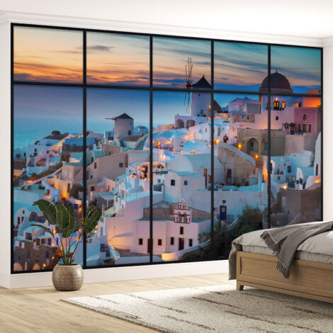 Papier peint panoramique Trompe l'oeil Verrière - Santorin - 390 cm x 247 cm (1/5)