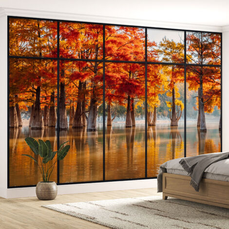 Papier peint panoramique Trompe l'oeil Verrière - Lac et arbres - 130 cm x 82 cm (1/5)