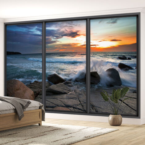 Papier peint panoramique Trompe l'oeil baie vitrée - Vue mer - 130 cm x 78 cm (1/5)