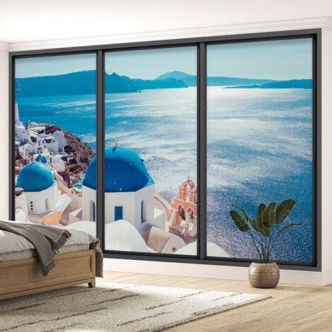 Papier peint panoramique Trompe l'oeil baie vitrée - Santorin - 130 cm x 78 cm (1/5)