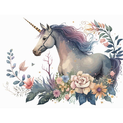 Papier peint panoramique Enfants - Licorne fleurs - 195 cm x 149 cm (1/2)