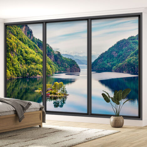 Papier peint panoramique Trompe l'oeil baie vitrée - Lac et montagnes - 130 cm x 78 cm (1/5)