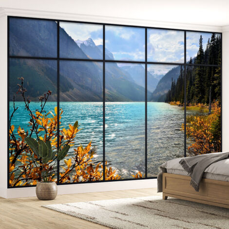 Papier peint panoramique Trompe l'oeil Verrière - Vue lac - 130 cm x 82 cm (1/5)
