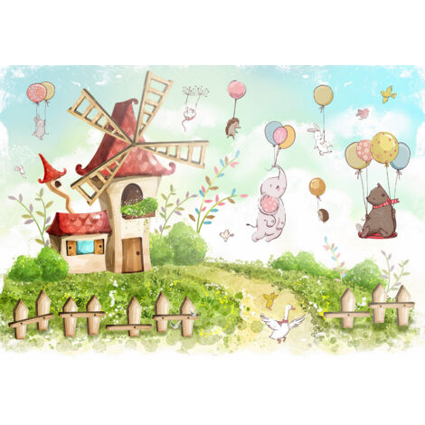 Papier peint panoramique Enfants - Moulin Animaux - 195 cm x 136 cm (1/2)