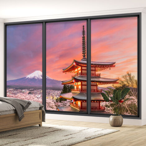 Papier peint panoramique Trompe l'oeil baie vitrée - Temple japonais vue mont fujii - 130 cm x 78 cm (1/5)