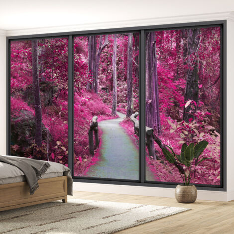 Papier peint panoramique Trompe l'oeil baie vitrée - Chemin forêt - 130 cm x 78 cm (1/5)