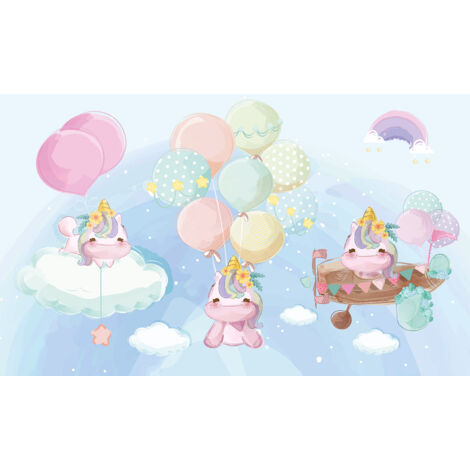 Papier peint panoramique Enfants - Licornes Ballons - 130 cm x 81 cm (1/2)