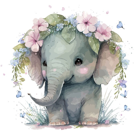 Papier peint panoramique Enfants - Eléphant Fleurs - 130 cm x 84 cm (1/2)