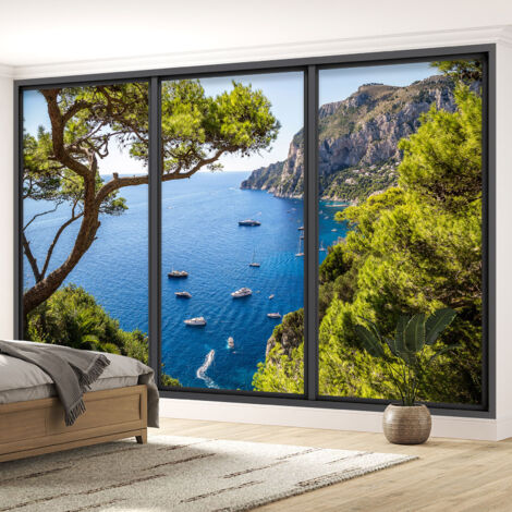 Papier peint panoramique Trompe l'oeil baie vitrée - Vue mer - 130 cm x 78 cm