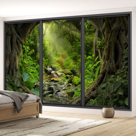 Papier peint panoramique Trompe l'oeil baie vitrée - Chemin forêt - 130 cm x 78 cm (1/5)