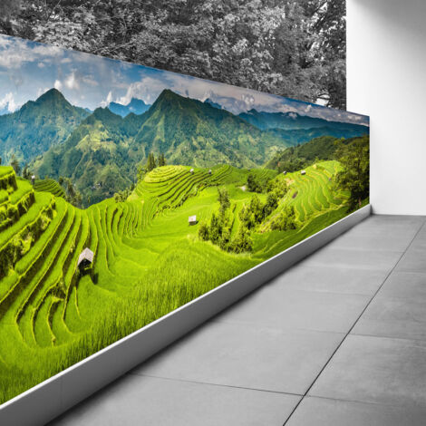 Brise vue Trompe l'oeil - 90x337 cm - Rizières terrasses de Mu Cang Chai - Recto Imprimé / Verso BlancBâche Pleine - 100% d'occultation (1/3)
