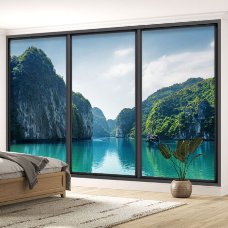 Papier peint panoramique Trompe l'oeil baie vitrée - Vue mer et montagnes - 130 cm x 78 cm (1/5)