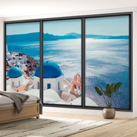 Papier peint panoramique Trompe l'oeil baie vitrée - Santorin - 417 cm x 250 cm (1/5)