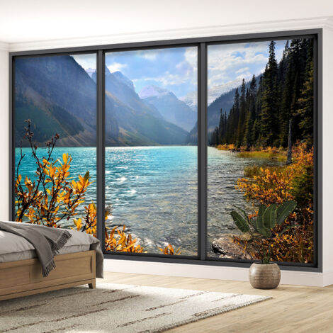 Papier peint panoramique Trompe l'oeil baie vitrée - Vue sur le lac - 130 cm x 78 cm (1/5)