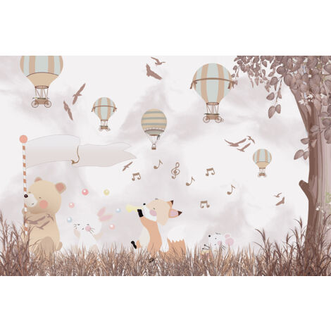 Papier peint panoramique Enfants - Animaux Montgolfières - 382 cm x 255 cm (1/2)