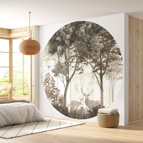 Papier peint rond / cercle - Forêt Cerfs - Diamètre 260 cm en 4 Parties (1/4)