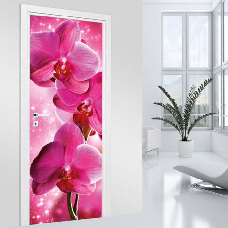 Stickers pour porte - Orchidée rose - 83 x 205 cm - Adhésif + Protection BRILLANTE (1/2)