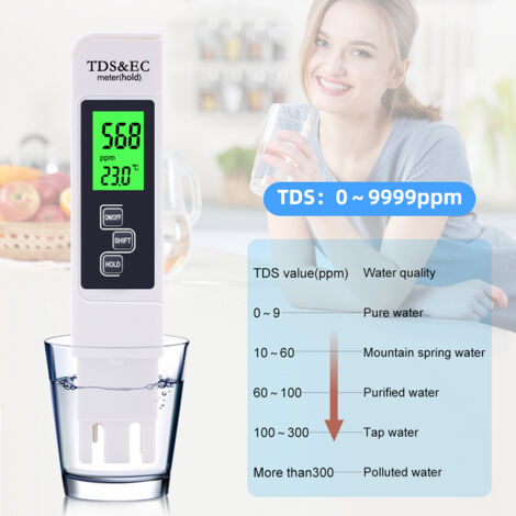 Elektronisches Testmessgerät, digitaler TDS- und EC-Tester 3 in 1, Thermometer, Messgerät zum Testen von TDS/EC von Trinkwasser/Aquarium/Pool