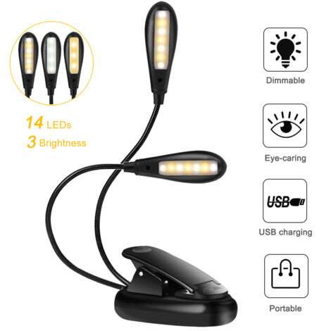 Luce di lettura a LED con 14 LED ricaricabili tramite USB e funzioni per la cura degli occhi, luce flessibile a clip a doppia testa dimmerabile per la lettura notturna, scrivania, libro, letto (1/5)