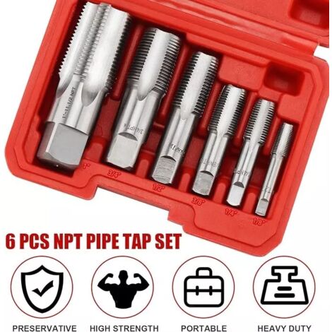 Machos de roscar para tuberías NPT de 1 pulgada, 3/4 pulgada, 1/2 pulgada, 3/8 pulgada, 1/4 pulgada y 1/8 pulgada, de acero al carbono, para roscado preciso, plomería, mecánica y corte de roscas.