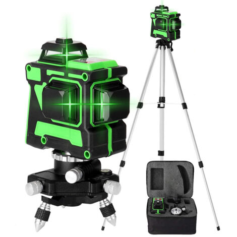 Nivel láser autonivelante verde 3x360°, rotación 3D de 12 líneas, altura ajustable, barra de extensión y trípode. (1/5)