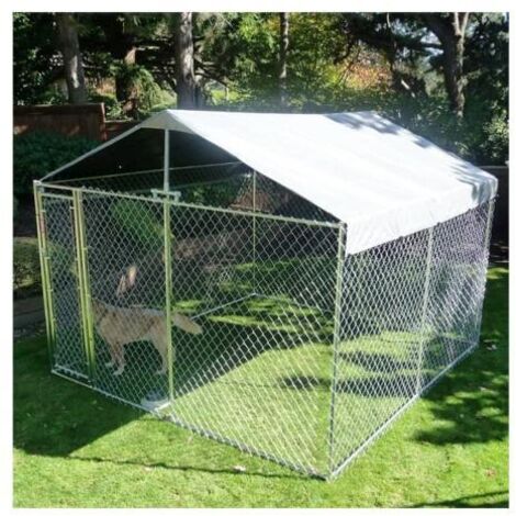 Destockoutils – Chenil grillagé pour chien 12 m2 – Structure en acier galvanisé – Toit en polyester étanche – Dimensions 300 x 400 x 150 cm