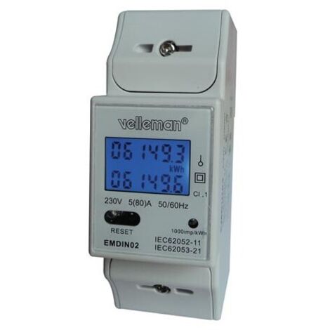 Velleman – Compteur de coûts d'énergie 230V – Courant 5-80A – Affichage LCD 99999.9 kWh – Pour montage sur rail DIN