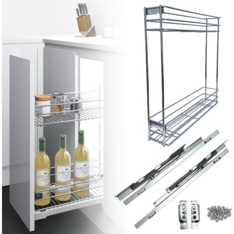 Module 15 cm. - Panier Coulissant pour meuble - Sortie Totale, Fermeture Amortie - Chariot Cuisine Acier Inox. Porte Bouteilles Epices Bocaux