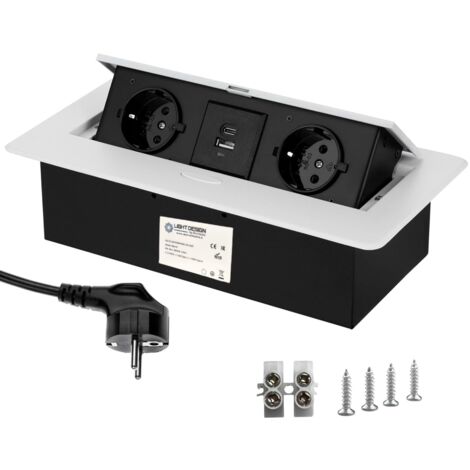 Evotrade – Multiprise encastrable rétractable 2 prises Schuko + 2 ports USB 18W – Câble 1,5m – Pour bureaux et salles de réunion – Finition blanche