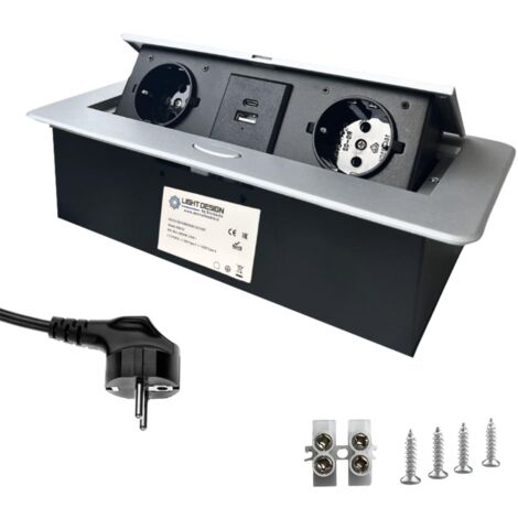 Evotrade – Multiprise encastrable rétractable 2 prises Schuko + 2 USB – Câble 1,5m – Aluminium pour bureaux et salles de réunion