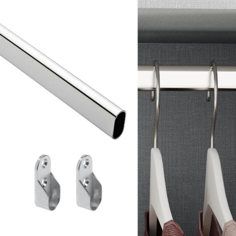 Tube ovale chromé 15x30 mm – Longueur 2 mètres – 4 supports latéraux nickelés – Pour penderies d'armoire – Evotrade