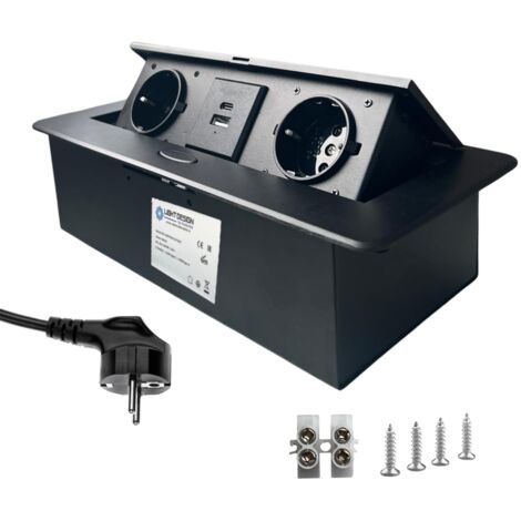 Evotrade – Multiprise encastrable rétractable 2 prises Schuko + 2 ports USB 18W – Câble 1,5m – Pour bureaux et salles de réunion – Finition noire
