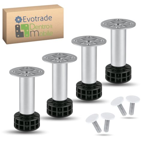 4 Pieds ⌀28 Mm H 12 Cm Universels Réglables En Acier Zingué Pour Plinthe De Cuisine – Vis Et Cache-Vis Blancs Inclus – Hauteur Réglable +2 Cm
