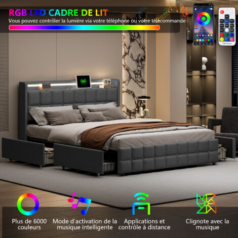 Lit tapissé 160x200cm, tête de lit avec fonction de charge USB, éclairage LED et 4 tiroirs, lit double, cadre de lit coffre, sommier à lattes en bois, gris (matelas non inclus) (1/5)